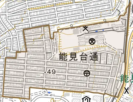 能見台通とその周辺の地図。町の範囲を重ねている