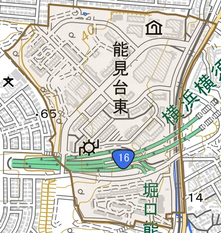能見台東とその周辺の地図。町の範囲を重ねている