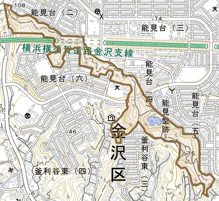 能見台森とその周辺の地図。町の範囲を重ねている