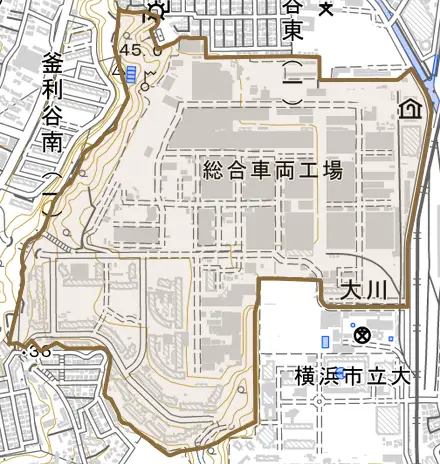 大川とその周辺の地図。町の範囲を重ねている