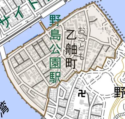 乙舳町とその周辺の地図。町の範囲を重ねている