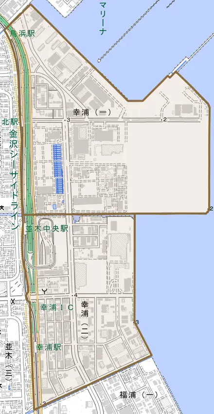 幸浦とその周辺の地図。町の範囲を重ねている