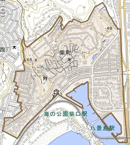 柴町とその周辺の地図。町の範囲を重ねている