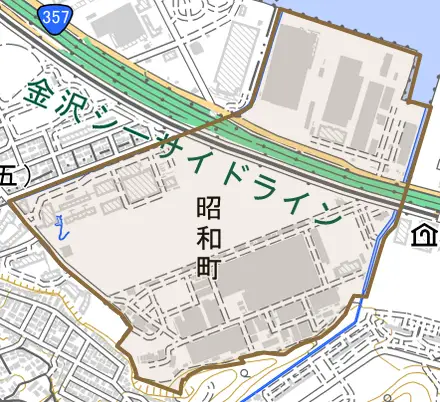 昭和町とその周辺の地図。町の範囲を重ねている