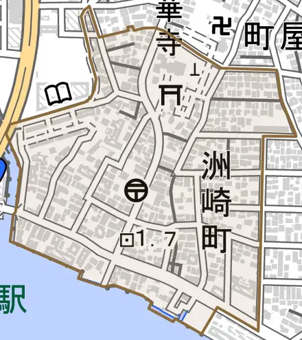 洲崎町とその周辺の地図。町の範囲を重ねている
