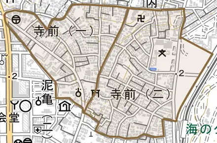寺前とその周辺の地図。町の範囲を重ねている