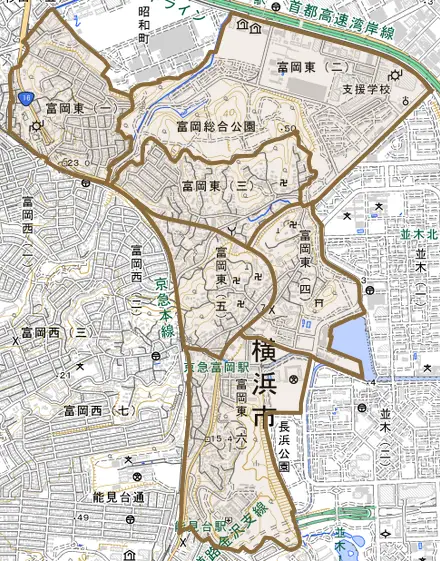 富岡東とその周辺の地図。町の範囲を重ねている