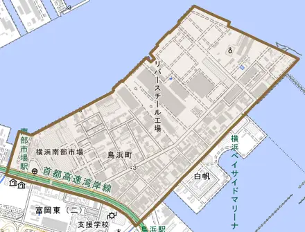 鳥浜町とその周辺の地図。町の範囲を重ねている