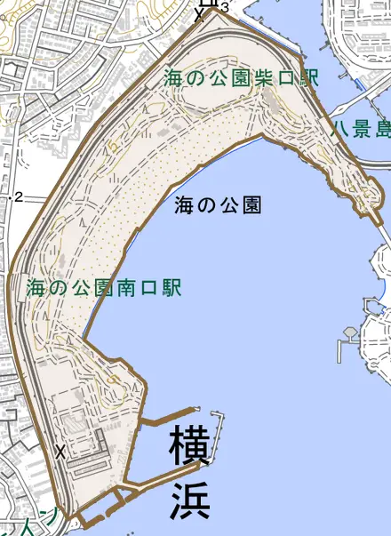 海の公園とその周辺の地図。町の範囲を重ねている