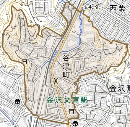 谷津町とその周辺の地図。町の範囲を重ねている