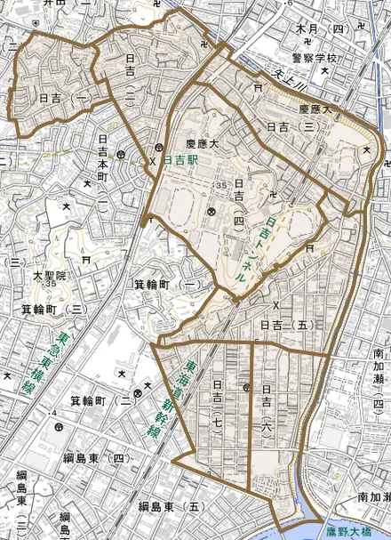 日吉とその周辺の地図。町の範囲を重ねている