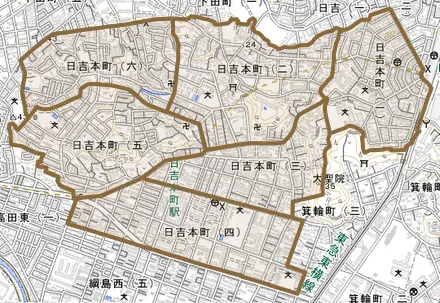 日吉本町とその周辺の地図。町の範囲を重ねている