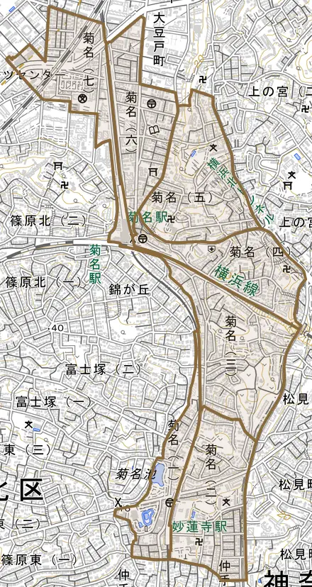 菊名とその周辺の地図。町の範囲を重ねている