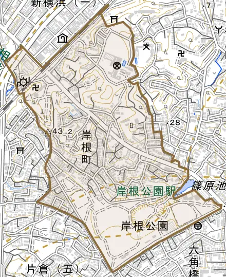 岸根町とその周辺の地図。町の範囲を重ねている