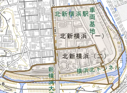 北新横浜とその周辺の地図。町の範囲を重ねている