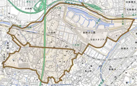 小机町とその周辺の地図。町の範囲を重ねている