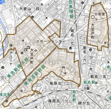 大豆戸町とその周辺の地図。町の範囲を重ねている