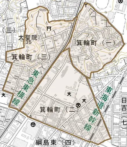 箕輪町とその周辺の地図。町の範囲を重ねている
