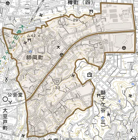 師岡町とその周辺の地図。町の範囲を重ねている