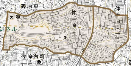 仲手原とその周辺の地図。町の範囲を重ねている