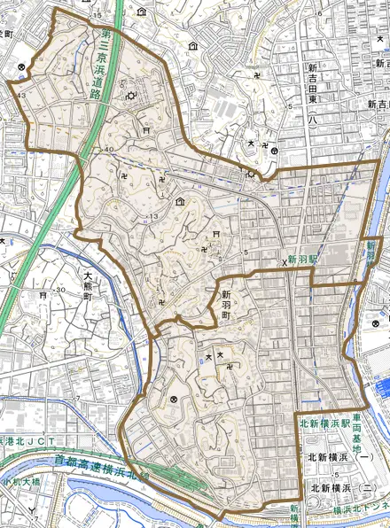 新羽町とその周辺の地図。町の範囲を重ねている