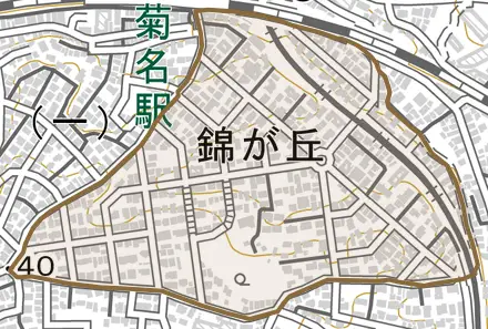 錦が丘とその周辺の地図。町の範囲を重ねている