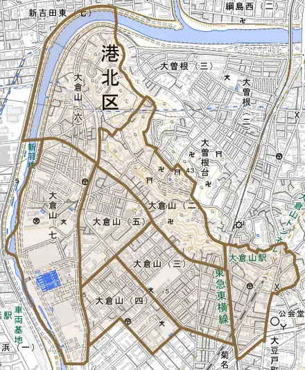 大倉山とその周辺の地図。町の範囲を重ねている