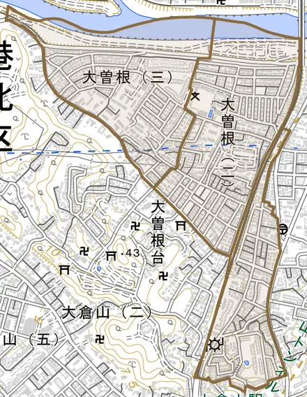 大曽根とその周辺の地図。町の範囲を重ねている