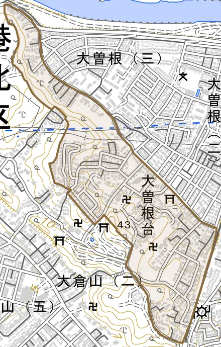 大曽根台とその周辺の地図。町の範囲を重ねている