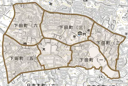 下田町とその周辺の地図。町の範囲を重ねている