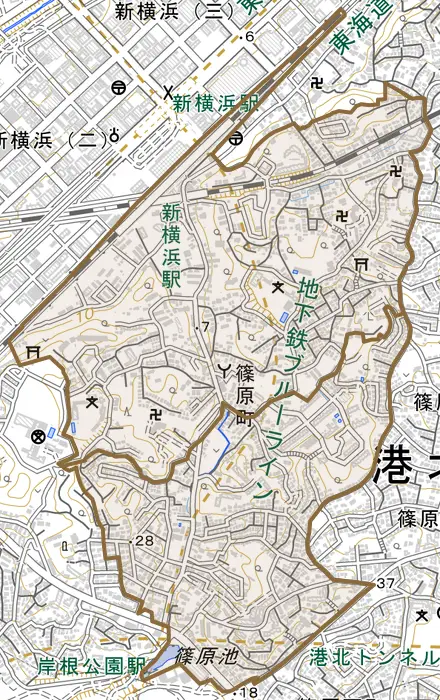 篠原町とその周辺の地図。町の範囲を重ねている