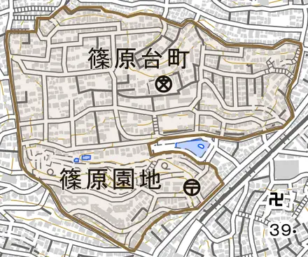 篠原台町とその周辺の地図。町の範囲を重ねている