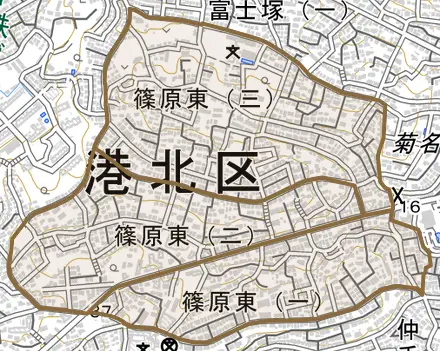 篠原東とその周辺の地図。町の範囲を重ねている