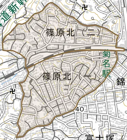 篠原北とその周辺の地図。町の範囲を重ねている