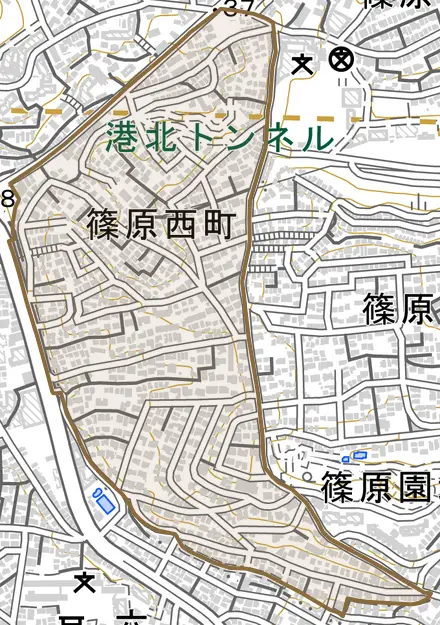篠原西町とその周辺の地図。町の範囲を重ねている