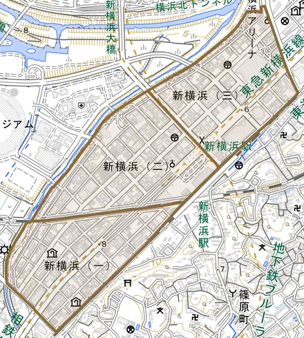 新横浜とその周辺の地図。町の範囲を重ねている