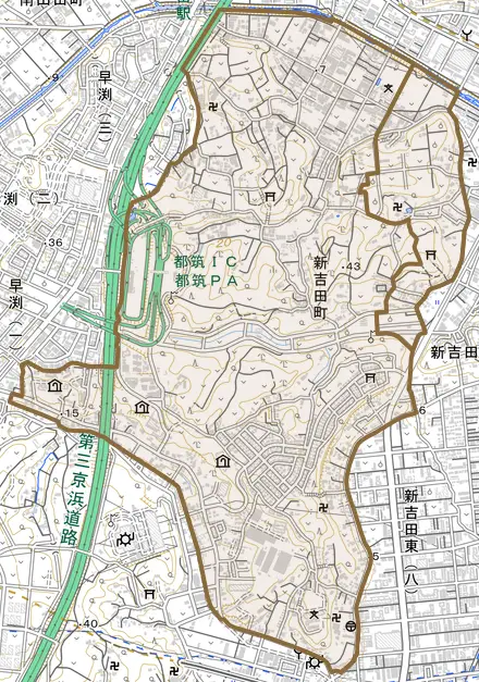 新吉田町とその周辺の地図。町の範囲を重ねている