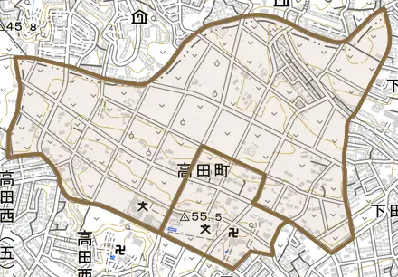高田町とその周辺の地図。町の範囲を重ねている