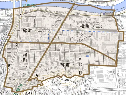 樽町とその周辺の地図。町の範囲を重ねている