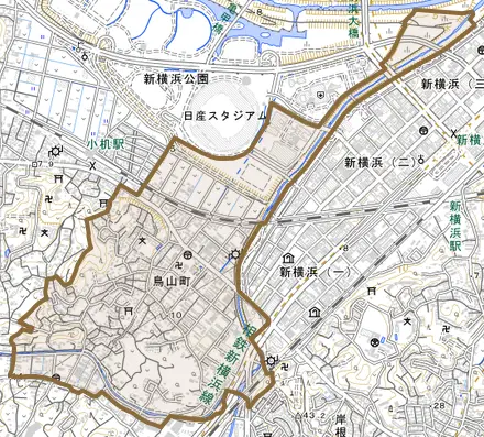 鳥山町とその周辺の地図。町の範囲を重ねている