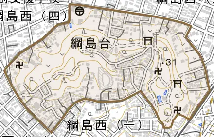 綱島台とその周辺の地図。町の範囲を重ねている