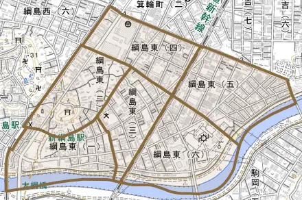 綱島東とその周辺の地図。町の範囲を重ねている