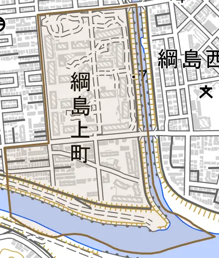 綱島上町とその周辺の地図。町の範囲を重ねている