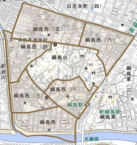 綱島西とその周辺の地図。町の範囲を重ねている