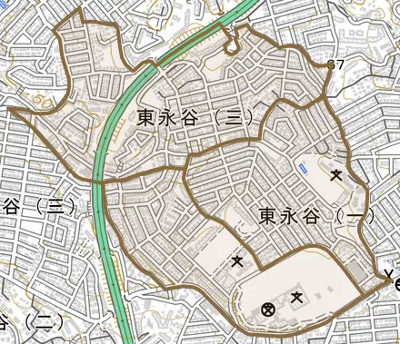 東永谷とその周辺の地図。町の範囲を重ねている