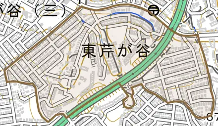 東芹が谷とその周辺の地図。町の範囲を重ねている