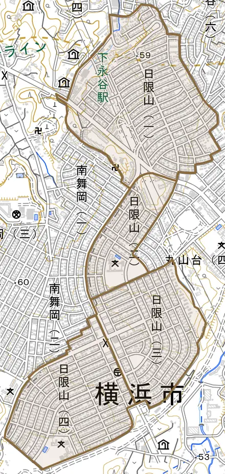 日限山とその周辺の地図。町の範囲を重ねている