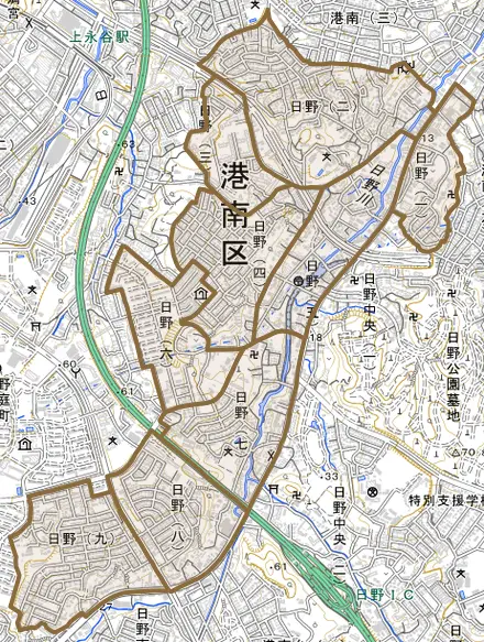 日野とその周辺の地図。町の範囲を重ねている
