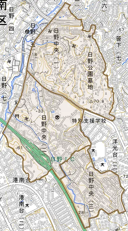 日野中央とその周辺の地図。町の範囲を重ねている