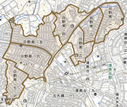 日野南とその周辺の地図。町の範囲を重ねている